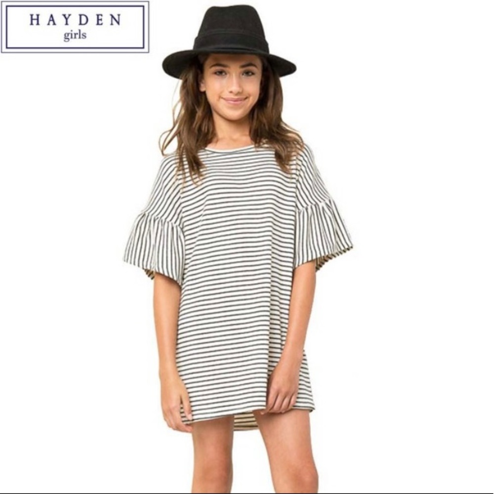 NEW Hayden Los Angeles Girls Ruffle Sleeve Striped T shirt Boho Dress Si…